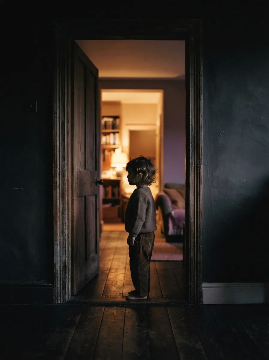 A child standing in a doorway filled with warm light