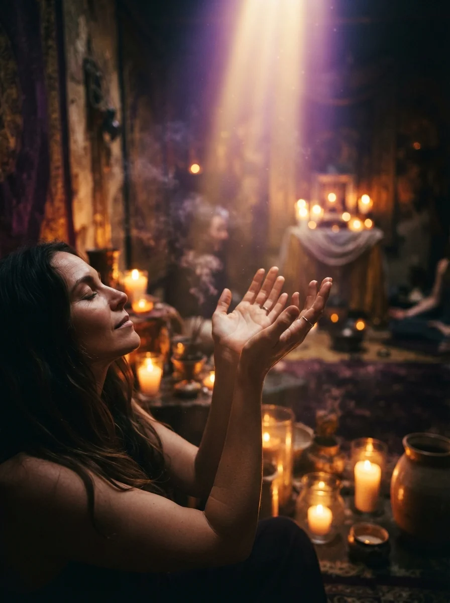 Open hands reaching toward warm healing light