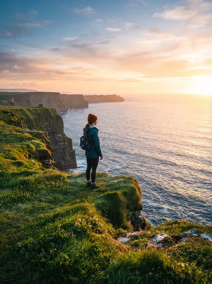 A person looking toward a bright horizon from a green cliff