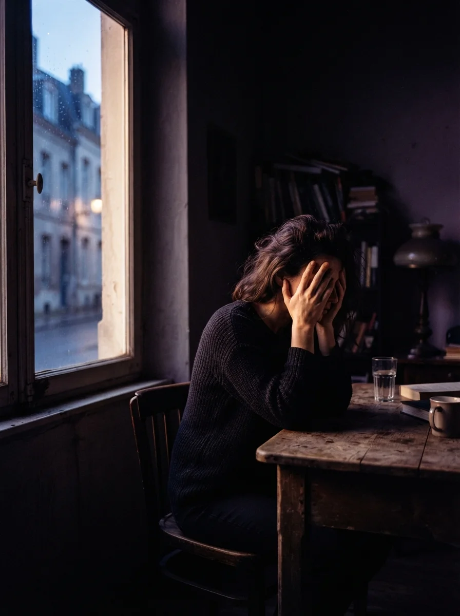 A person sitting alone in a dimly lit room, reflecting
