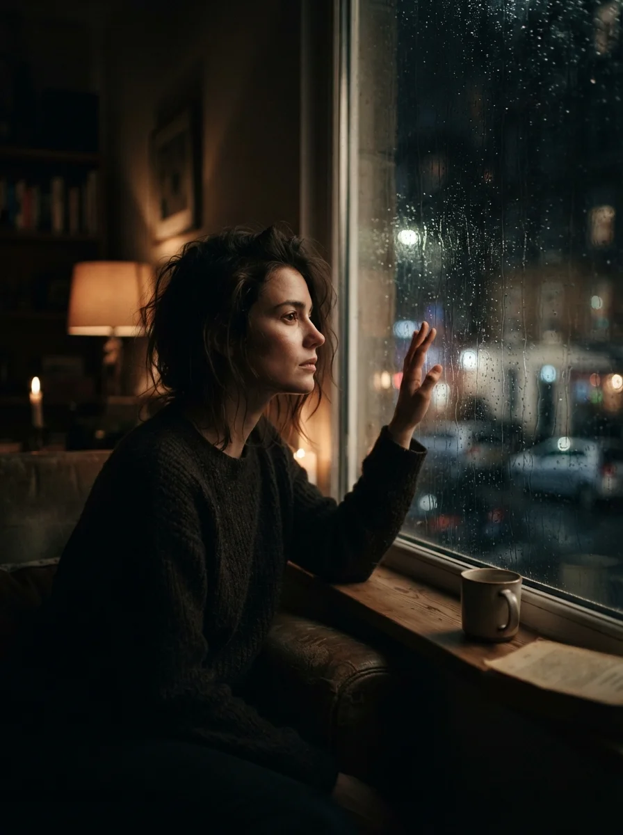 A person looking thoughtfully through a rain-streaked window